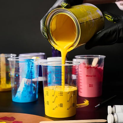 100 Pack Plastic Mixing Cups, 20 oz (600ml), Disposable Measuring Cups with 50 Wooden Mixing Sticks, Measurement ratios: 2:1, 3:1, 4:1, Suitable for Epoxy Resin, Liquid Measuring, and Paint