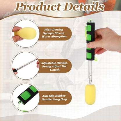 PATIKIL 41" Telescoping Sponge Stick for Pottery, Retractable Ceramic Sponge Tool with 2pcs Head for Removing Excess Water from Tall and Narrow Pottery, Yellow/Green(1.18/1.57"W) - color: Yellow/Green