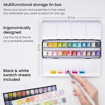 ARTEZA Metallic Watercolor Paint Set, 24 Shimmer Colors in Half Pans with Metal Tin and Water Brush Pen for Painting, Lettering, Calligraphy, Cards, Journals, and Art Projects - style: Metallic Paints, Set of 24