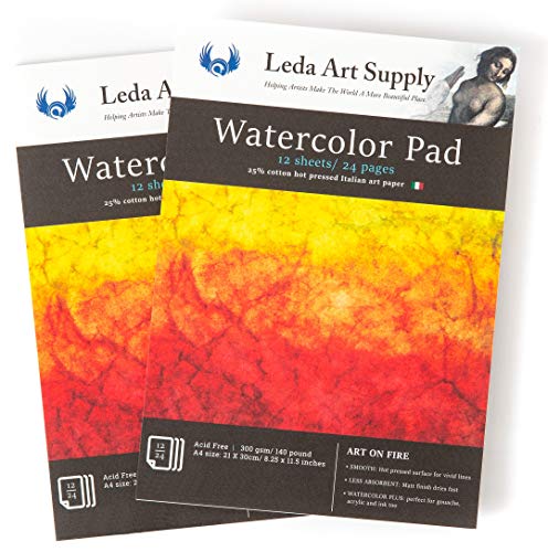 Leda Art Supply Hot Pressed Watercolor Paper 2 Pack (24 Sheets) 300gm - 140 lb 25% Cotton fine Italian Art Water Color Paper | Smooth Surface for Professional renderings A4 Size 8.25 x 11.5 inch - size: 8.25 x 11.5 inches