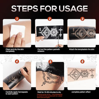 Large Henna Tattoo Stencil Kit - 10 Sheets, Reusable Adhesive Templates for Women and Girls, Indian Arabian Tattoo Stickers for Hand and Body Paint - Body Art Stencil Temporary Tattoos