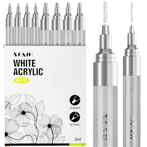 SFAIH Acrylic Silver Paint Pens - 8 Pack 2-3MM Medium Tip & 0.7MM Extra Fine White Paint Marker for Rock Painting, Wood, Metal, Fabric, Canvas, Glass, Ceramic, Diy Crafts - color: Silver