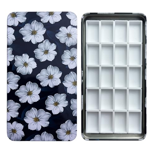 FCLUB Empty Watercolor Palette Tin Box with 20 Full Pans & Magnetic Squares | Paint Box with Full Pans and Magnets, Metal Paint Case Watercolor Mixing Tray, Artist Palette For Beginners & Professionals - color: White Flower, size: Pack of 20 Full Pans