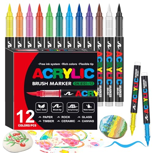 12 Colors Soft Brush Tip Acrylic Markers Set, Paint Pens for Rock, Wood, Fabric, Canvas, Glass, DIY Crafts, Waterproof Paint Markers, Vibrant Acrylic Pens for Artists and Art Projects - style: 12 colors