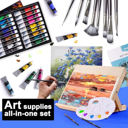 koseibal Acrylic Art Set with 18 Acrylic Paints, 8 Brushes, 4 Stretched Canvas, 1Wooden Easel, Etc, Premium Painting Supplies Kit for Students, Artists Kids, Adults, and Beginner - color: 18color+36pcs