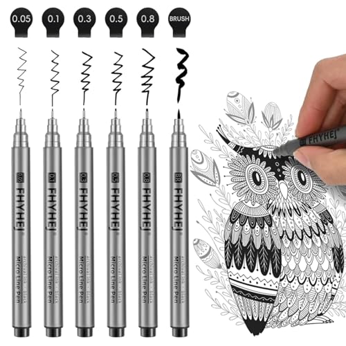 Micro Fineliner Drawing Art Pens: 6 Black Fine Line Ink Set Artist Supplies Archival Inking Markers Liner Professional Sketch Outline Anime Sketching Artist Illustration Watercolor