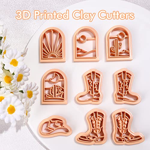 Puocaon Western Polymer Clay Cutters - 9 Pcs Clay Cutters for Earrings Making, Cowboy Hat, Boot, Rising Sun, Desert Scene - color: western