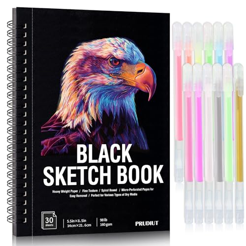 30 Sheets Black Paper Sketchbook with 12 Color Gel Pen Set, 98lb/160gsm Heavyweight Black Sketch Pad 5.5×8.5in, Acid-Free Drawing Paper, Spiral Bound Sketch Book for Kids, Teens, Artist - size: 5.5×8.5in Set