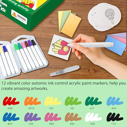 Tibibee 58 Pcs Magic Foam Texture Painting Kit, Magic Puffy Paint Kit–32 Pcs Foam Texture Paper, 12 Acrylic Markers, Magical 3D Effect Texture DIY Painting Set, Great Gifts for Kids Ages 3–8
