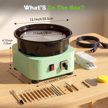 Alldeer 11-inch Pottery Wheel, 350W Electric Ceramic Forming Machine with Detachable Basin, 0-300RPM Foot Pedal Control, 19PCS Complete Clay Tool Kit for Professional Potters and Adult Crafters - size: 11inch
