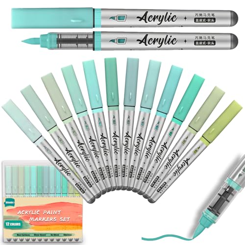 Sage Green Acrylic Paint Markers Pens 12 Color Creative Marker Set with Soft Brush Tip Blendable, Water-Based Formula for Paper, Wood, Ceramic, Glass, Rock, Canvas, Metal, Ideal for DIY Crafts - color: Sage Green