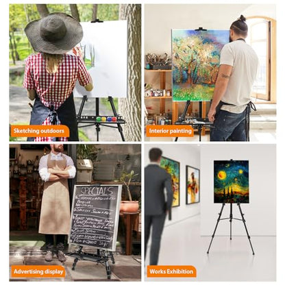 Art Easel Aluminum Alloy Portable Extendable Easel with Hand Crank Adjustable to 61.8 '' Drawing Board Holder, Compass, Level and Storage Bag -for Artists, Painters, Sketching, Outdoor Painting - style: Black
