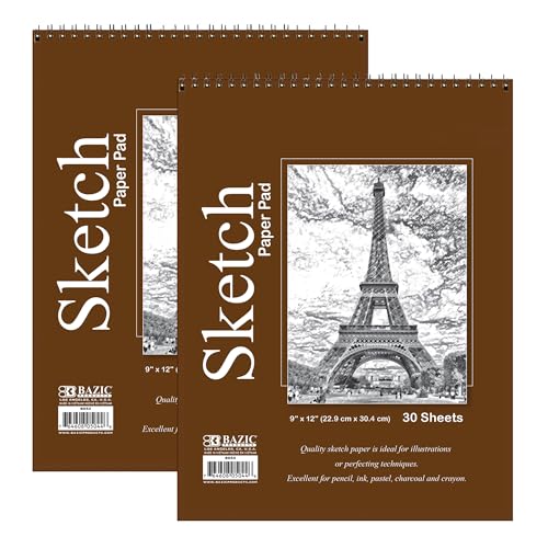 BAZIC Products Spiral Sketch Pad, Top Bound, 9 x 12 in, 30 Sheets, 2-Pack | 30-sheet spiral sketch pad, smooth drawing paper for sketching, shading - color: 30 Sheets - 9"x12", size: 2-Pack