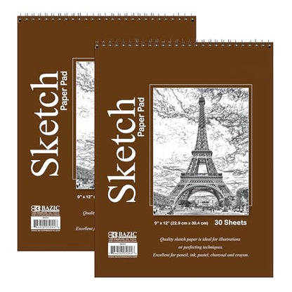 BAZIC Products Spiral Sketch Pad, Top Bound, 9 x 12 in, 30 Sheets, 2-Pack | 30-sheet spiral sketch pad, smooth drawing paper for sketching, shading - color: 30 Sheets - 9"x12", size: 2-Pack