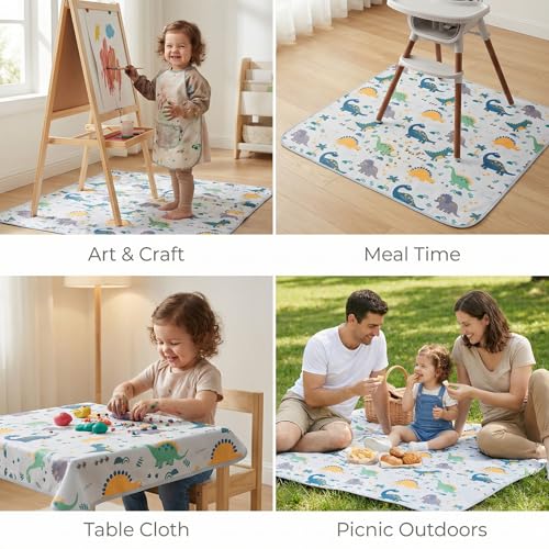 Splat Floor Mat for Under High Chair/Arts/Crafts by CLCROBD, 51" Waterproof Anti-Slip Food Splash Spill Mess Mat, Washable Portable Picnic Mat and Table Cloth - color: Dinosaur