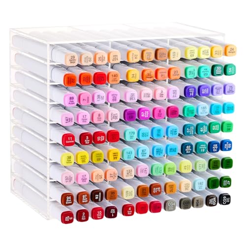Acrylic Marker Organizer for 108 Markers, Large Capacity Alcohol Marker Storage Rack for Desk, Horizontal Pens Pencils Holder Art Organizer with 27 Compartments for Classroom Office - style: for 108 Markers