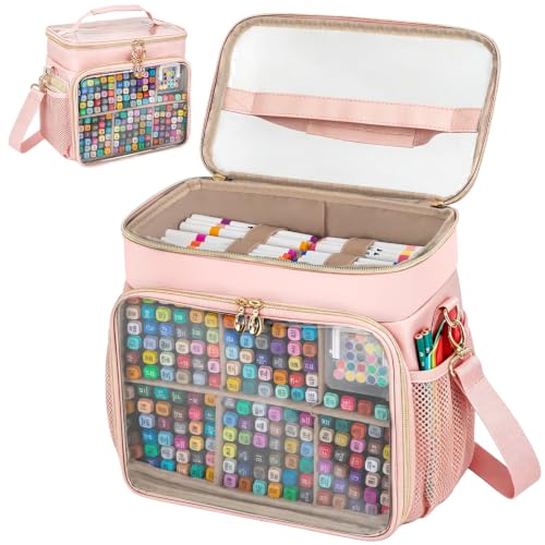 Large Marker Organizer Case for 200-300 Markers, Double-Layer Marker Bag with Removable Dividers, Marker Organizer for Markers, Pencils, Crayons or Other Art Supplies, Pink (Bag Only) - color: Pink