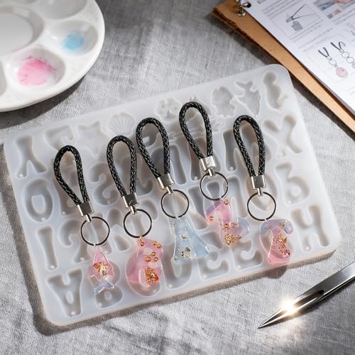 Anlan-angel Alphabet Keychain Molds with Hole, 121Pcs Reversed Alphabet Silicone Molds for Resin Letter Number Epoxy Casting Molds Keychain Making Kit with Key Ring O Ring for Resin Crafts