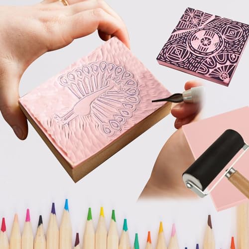10 Pack Rubber Stamp Making Kit - Block Printing Kit，Linoleum Carving Tools with 8 Type Blades, 8 Pcs Pink Rubber Carving Block and Rubber Brayer Roller