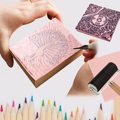 10 Pack Rubber Stamp Making Kit - Block Printing Kit，Linoleum Carving Tools with 8 Type Blades, 8 Pcs Pink Rubber Carving Block and Rubber Brayer Roller
