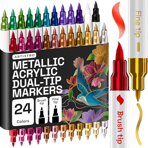 ARTISTRO 24 Metallic Acrylic Paint Markers - Paint Pens for Drawing - For Fabric, Rock, Glass, Wood, Molds - Arts & Crafts Gift for Adults, Teens, Kids, Classroom Must Haves & School Supplies