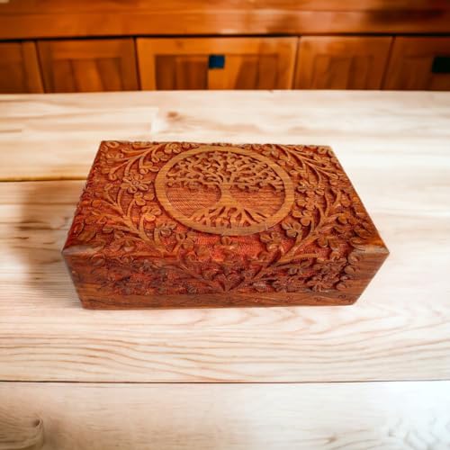 Ajuny Hand Carved Wooden Keepsake Box, Tree of Life Jewelry Box for Women | Acacia wood memory & trinket box, red velvet lined, 8x5 in. Decorative keepsake gift box for jewelry, watches, treasures