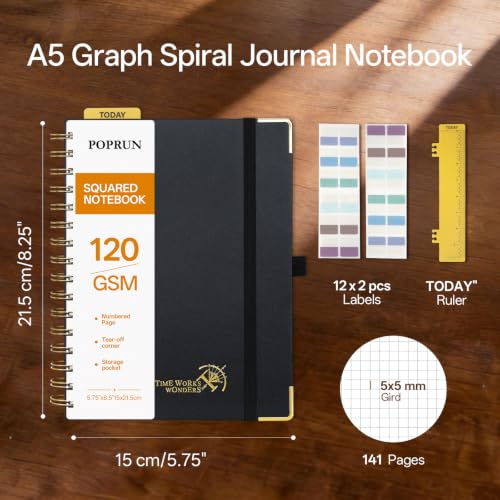 POPRUN Graph Paper Spiral Journal Notebook, [A5-5.75'' x 8.25''] - 120 GSM Thick Paper, 141 Numbered Pages, Grid Notebooks for Men & Women with Pocket, Index Tabs, 8 Perforated Sheets,Black - color: Black, style: Grid