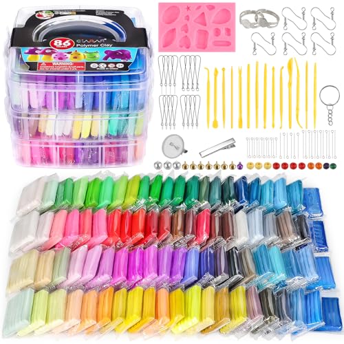 CiaraQ 86-Color Polymer Clay Oven Bake Modeling Kit | 14 tools, 3‑layer box, silicone mold, accessory pack, guide. Great for gifting, school, home, kids & artists. - color: 86 Colors, size: 20g / pcs