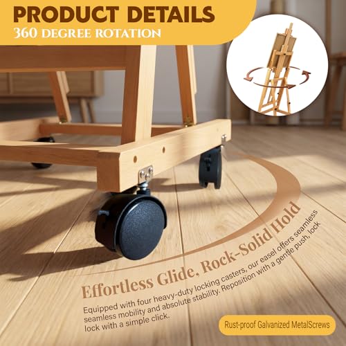 H-Frame Easel for Painting, Adjustable Beech Wood Studio Floor Easel, Holds 2 Canvases up to 77" with Tilting Flat, Heavy Duty Artist Easel Stand for Adults, All Media Versatile