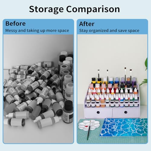 Krafetto Miniatures Paint & Paintbrush Storage Organizer Rack, Craft Paints Holder with Drawer, 43 Holes for Model Paint, 16 Holes for 2 oz Paints, 22 Holes for Brush