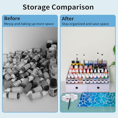 Krafetto Miniatures Paint & Paintbrush Storage Organizer Rack, Craft Paints Holder with Drawer, 43 Holes for Model Paint, 16 Holes for 2 oz Paints, 22 Holes for Brush