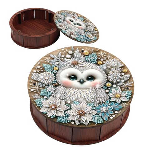 JZHYOAN DIY Diamond Art Snack Box with Lid for Adult Diamond Painting Wood Container Holder Owl Round Storage Boxes Holder Box for Relaxing Leiture Family Table Movie Snack Tray Organizer Home - color: White owl