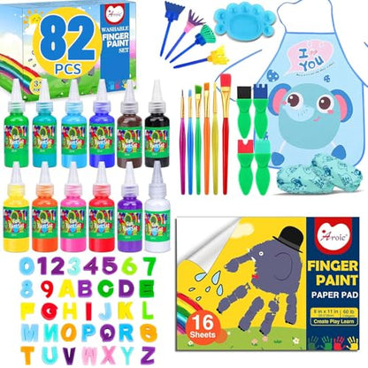 AROIC 82 Pack Washable Finger Paint Set, 12 Color Finger Paints 1 oz Each, Sponges, Painting Brushes, Waterproof Painting Apron, Palette Paper Drawing Gifts for Adults - style: 82pcs