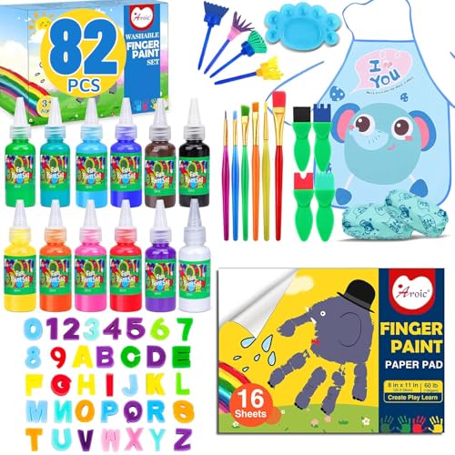 AROIC 82 Pack Washable Finger Paint Set, 12 Color Finger Paints 1 oz Each, Sponges, Painting Brushes, Waterproof Painting Apron, Palette Paper Drawing Gifts for Adults - style: 82pcs