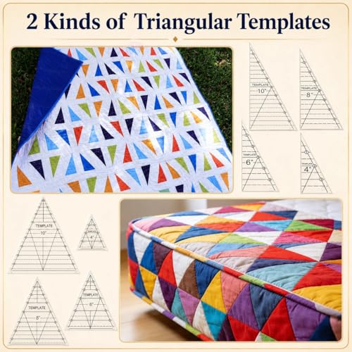 TSV Triangle Quilting Ruler Set: 8 Pack Thick Acrylic Triangle Templates in 4"/6"/8"/10" Size - Accurate Fabric Cutting for Quilter with Triangle Hexagon Diamond Kaleidoscope Geometric Patterns