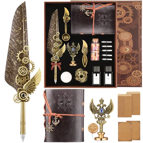 Quill Pen and Ink Set,Calligraphy Pen Set for beginners,Feather Pen Set with Leather Notebook,Pen Holder,5 Replaceable Nibs,Bookmark,Letter Writing Kit & Wax Seal Stamp Kit-Calligraphy Pens Gift Set