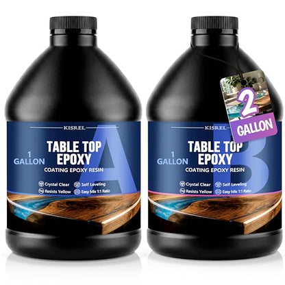 KISREL Table Top Epoxy Resin Kit 2 Gallon (1:1 ratio) - Crystal Clear Epoxy with High Gloss, UV-Resistance & Self Leveling for Bar and Table Top, Wood Coating, Resin Art, Use with Pigment, Alcohol Ink - size: 256 Fl Oz (Pack of 1)