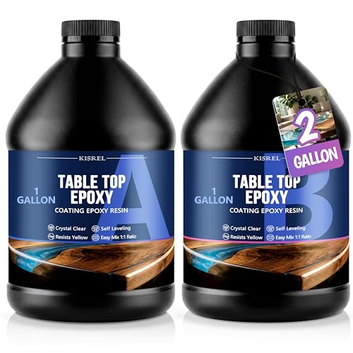 KISREL Table Top Epoxy Resin Kit 2 Gallon (1:1 ratio) - Crystal Clear Epoxy with High Gloss, UV-Resistance & Self Leveling for Bar and Table Top, Wood Coating, Resin Art, Use with Pigment, Alcohol Ink - size: 256 Fl Oz (Pack of 1)