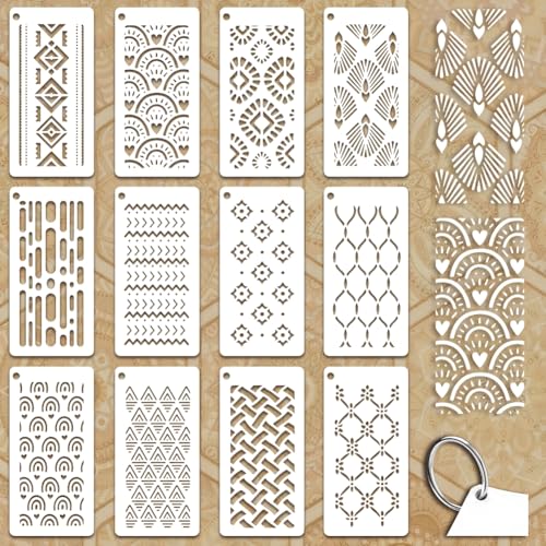 12 Sheets Boho Style Stencils for Painting, 12 Styles Heart Wave Dot Fan Geometric Pattern Drawing Templates Plastic Art Templates for Painting on Wall Wood Home Decor - style: Boho Style