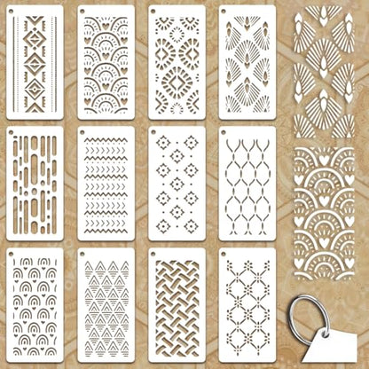 12 Sheets Boho Style Stencils for Painting, 12 Styles Heart Wave Dot Fan Geometric Pattern Drawing Templates Plastic Art Templates for Painting on Wall Wood Home Decor - style: Boho Style