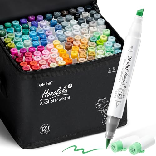 Ohuhu Alcohol Markers Brush Tip -Double Tipped Art Marker Set for Artist Adults Coloring Illustration - 120 Colors- Brush & Chisel Dual Tips- Honolulu 2 of Ohuhu Markers- Refillable Alcohol-based Ink