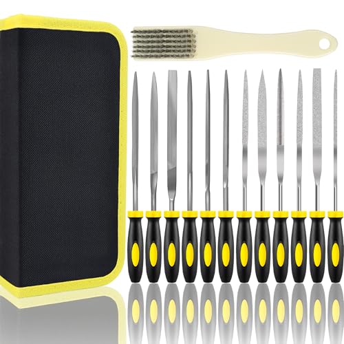 Small File Set, Needle Diamond File 13PCS, 6pcs Jewlers Files & 6pcs Steel Files Precision Metal Work, Woodworking, Plastic Carving Tool with Steel Brush and Carry Case - color: Black-13pcs