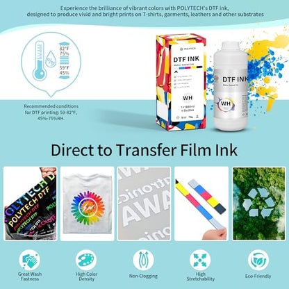 Polytech DTF White Ink 1000ML, Heat Transfer Printing Direct to Film, DTF Transfer Ink for PET Film, High Coverage Refillable DTF Ink for All DTF Printers - size: WH 1000ML