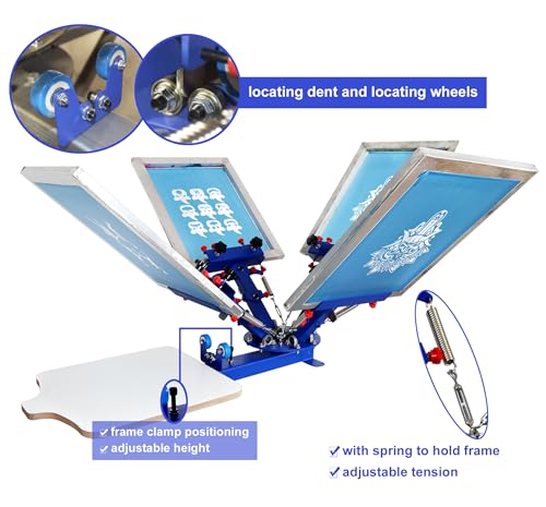 TECHTONGDA 4 Color 1 Station Screen Printing Kit Micro-Registration Function Silk Screen Printing Machine Benchtop Press with Squeegee Frame Screen Scoop Coater Ink Accessory