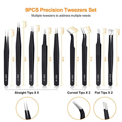 kaverme 9PCS Precision Tweezers Set, Upgraded Anti-Static Stainless Steel of Tweezers, for Electronics, Soldering, Laboratory Work, Jewelry-Making, Model, Craft - style: 9pcs