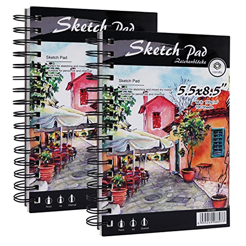 CONDA 5.5" x 8.5" Sketch Book Set Spiral Bound, Pack of 2, 100 Sheets per Book (68 lb/100 GSM) Drawing Paper Art Supplies for Graphite Pencil, Colored Pencil, Charcoal & Soft Pastel Dry Media - color: Navy Blue, size: 5.5"x8.5",2 Pack