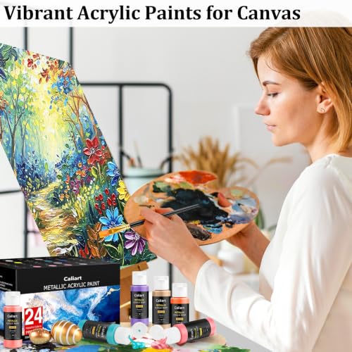 Caliart 24 Metallic Acrylic Paint Set with 12 Brushes | Craft Painting kit for Adults Artists Beginners, Rich Pigment Non-toxic, Canvas Wood Rock Pumpkin Ceramic Art Supplies Paint - color: Metallic, size: 2 Fl Oz (Pack of 24)