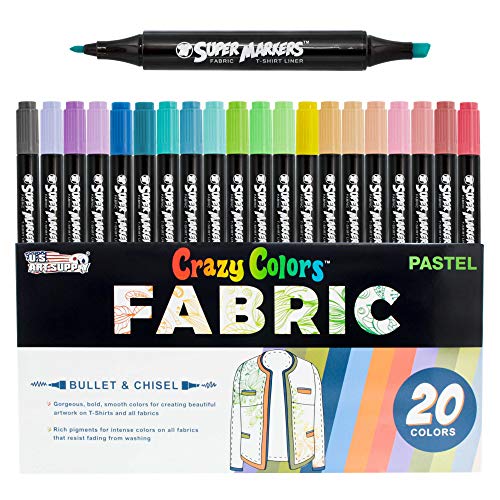 U.S. Art Supply Super Markers 20 Pastel Dual Tip Fabric Markers - Fine & Chisel Point Pens Fabric Marker Permanent for Clothes, T-Shirts - Permanent Ink Eye-Catching Pastel Colors - style: 20-Color Pastel Set
