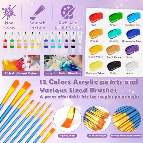 Canvas Painting Kit, 84 Pcs Sip and Paint Kit for Adults Couples Date Night | Canvas and Easel Set with Small Art Paint Brushes, 12 Colors Acrylic Paints, Paint Party Supplies Valentines Day Painting Kit - color: 12ML Acrylic Paints