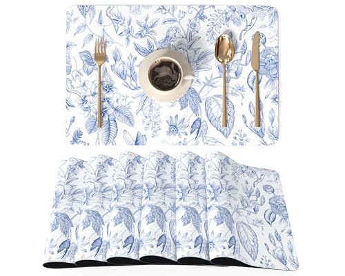 QiyI Placemats Set of 6, 12x18 Inch Faux Leather Place Mats for Kitchen Dinning, Heat Resistant Anti Slip Floral Table Mats, Waterproof Wipeable Washable Placemat Party Table Décor, Blue Flowers - color: Classic Blue Flowers, size: Set of 6